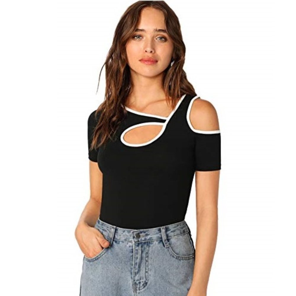 Women's T-Shirt, Cutout Short Sleeve Open Shoulder Ribbed Knit Top, Black S